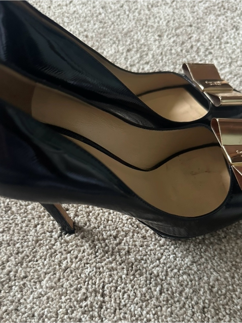 kate spade Black Patent Pumps with Gold Bow